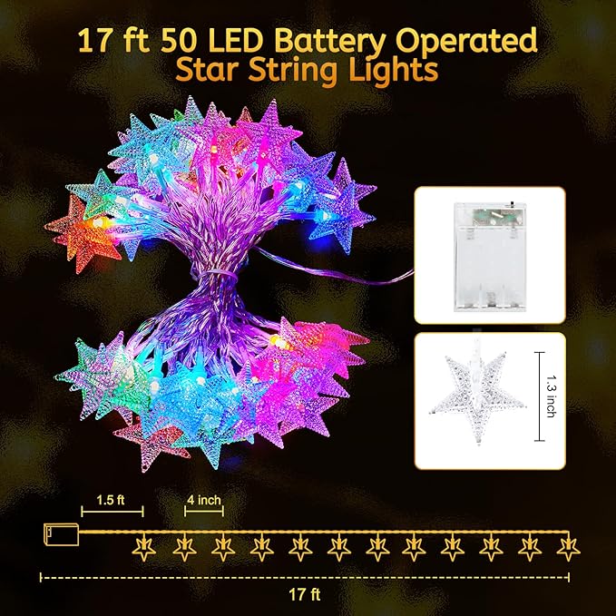 Minetom Star String Lights Battery Operated - 17 ft 50 LED Color Changing Star Fairy Light with Remote and Timer, 16 Single Colors and 7 Modes Starry Lights for Bedroom Dorm Tent Bed Patio Christmas