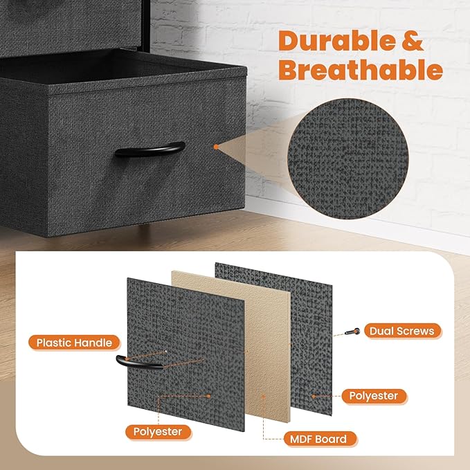 DUMOS Dresser for Bedroom 4 Drawers, Tall Fabric Closet Chests Organizer Tower Furniture with Wooden Top Metal Frame for Nursery, Living Room, Closet, Grey