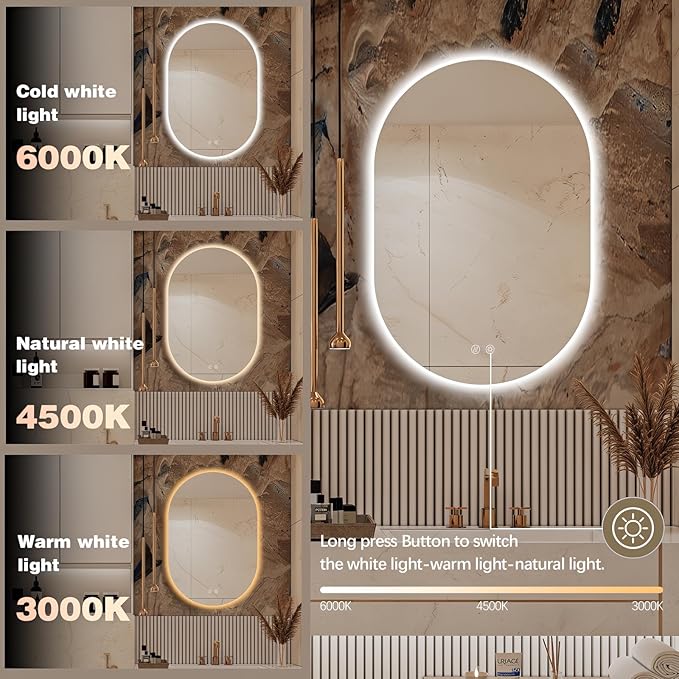 36" x 24" Oval LED Mirror for Bathroom, Backlit Vanity Mirror with Lights, Frameless Smart Wall Mirror, 3 Colors Stepless Dimmable, Anti-Fog, Shatterproof, Memory, CRI95+(Horizontal/Vertical)