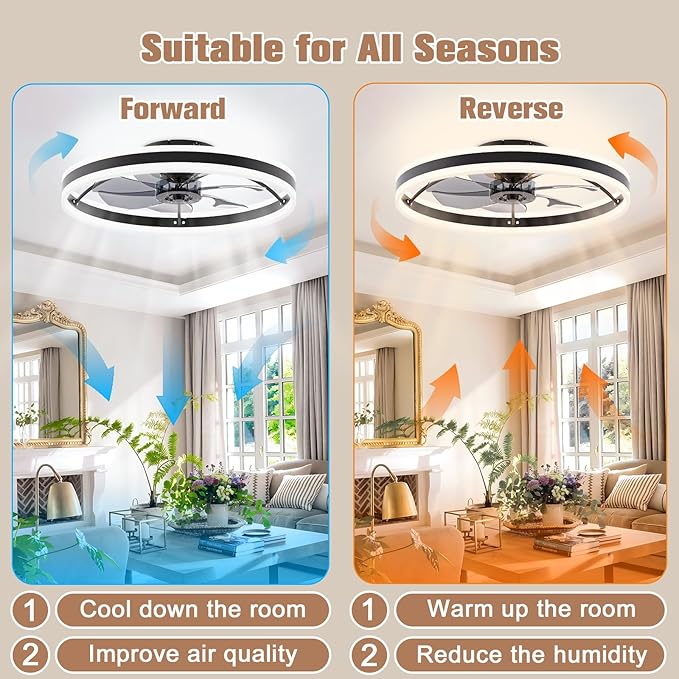 VOLISUN Low Profile Ceiling Fans with Lights and Remote, 23.6in Flush Mount Ceiling Fans with Light, 3000K-6500K Dimmable Fandelier LED Fan Light, Black Bladeless Ceiling Fans with Lights for Bedroom