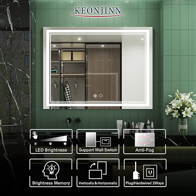 Keonjinn Large Bathroom Mirror with Light, 48 x 36 Inch LED Mirror for Bathoom, Frontlit Only, HD Tempered Glass, UL-Listed LED Driver, Anti-Fog, Dimmale 6000K, Easy Installation(Horizontal/Vertical)