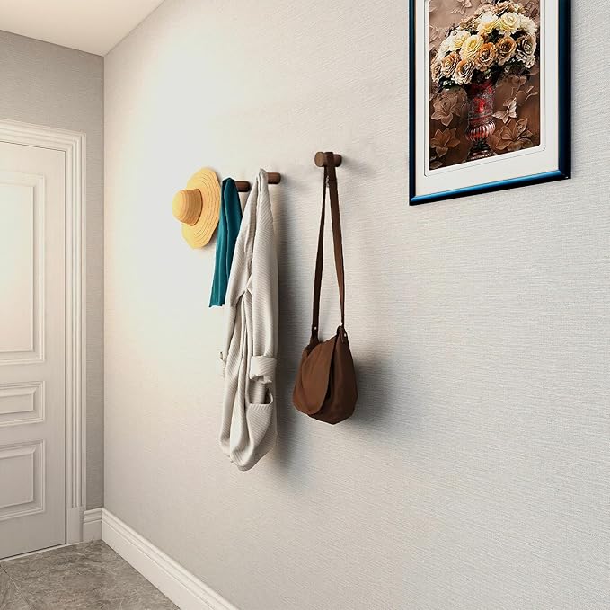 Wood Wall Hooks, 4 Pack Wooden Coat Hooks Wall Mounted, Rustic Hat Hooks Heavy Duty Entryway Wall Hangers for Hanging Purse, Towels, Clothes, Backpack