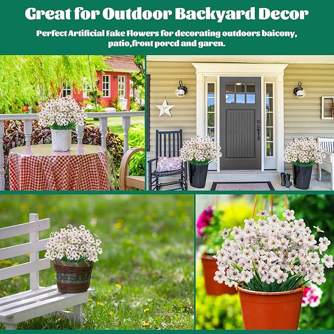 Lnoicy 24 Pcs Artificial Flowers for Outdoor,Plastic Flowers Decoration, UV Resistant Faux Flowers Shrubs, Artificial Plants for Indoor Outside Garden Home Wedding Farmhouse(White)