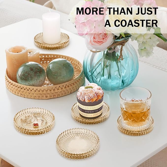 Glass Candle Holders, GOH DODD Set of 8 Crystal Pillar Plates Modern Coasters for Drinks, Centerpiece, Home Decor, Kitchen, Living Room, Patio, Wedding, Halloween, Christmas, Party, Amber