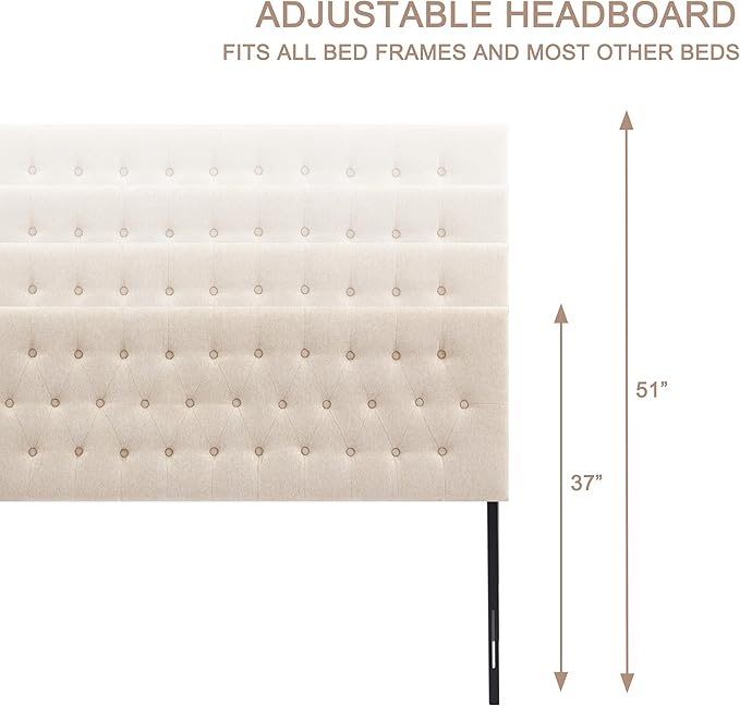 Tufted Upholstered Headboard California King Size, Solid Wood Head Board with Durable Metal Legs, Adjustable Height Bed headboard from 37” to 51” Fabric Headboard in Button Design, Beige