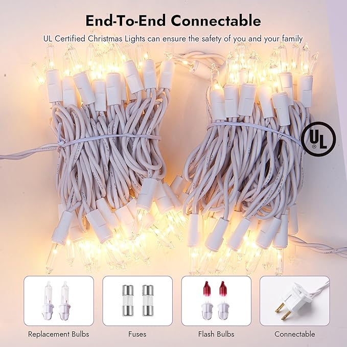 Christmas Lights Clear White 100 Count Incandescent Light UL Certified Connectable Christmas Tree Lights with White Wires for Indoor Outdoor Xmas, Wedding, Holiday, Party, Home Decorations
