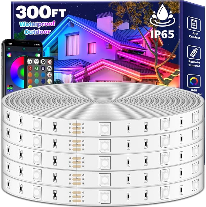 FBZ 300Ft Outdoor Waterproof LED Strip Lights,Music Sync RGB IP65 Led Lights with App Control and Remote,Color Changing Waterproof Led Rope Lights for Outdoor,Balcony,Roof,Garden,Stairs Party (300FT)