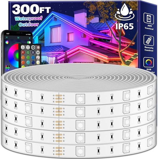 FBZ 300Ft Outdoor Waterproof LED Strip Lights,Music Sync RGB IP65 Led Lights with App Control and Remote,Color Changing Waterproof Led Rope Lights for Outdoor,Balcony,Roof,Garden,Stairs Party (300FT)