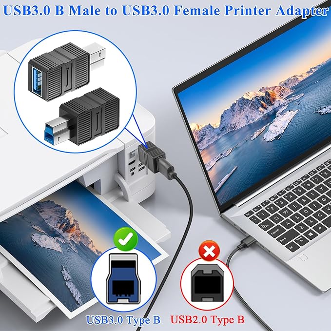 QIANRENON 5Gbps USB3.0 B to USB 3.0 Data Connector USB3.0 Type B Male to Type A Female Printer Adapter USB-B 3.0 to USB-A 3.0 Converter, for Hard Drive Scanner (Unsuitable USB-B 2.0), 2Pcs