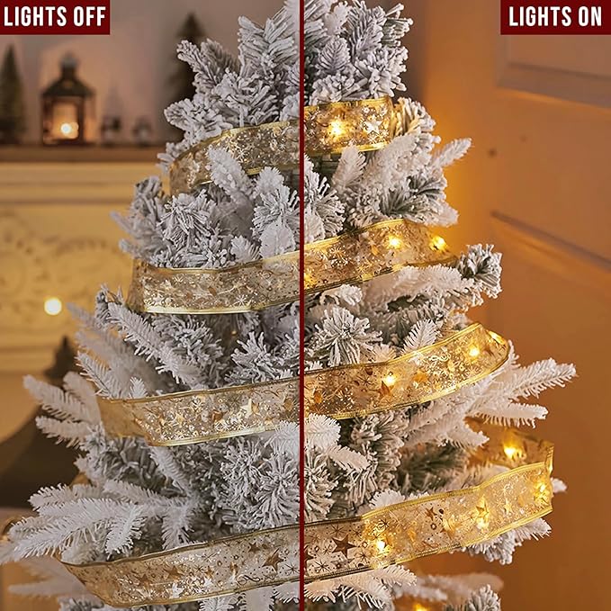 Christmas Ribbon Fairy Lights 33Ft 100 LED String Lights Battery Operated 2In Gold Foil Ribbon with Warm White Twinkle Firefly Lights Indoor Starry Holiday Decoration for Christmas Tree