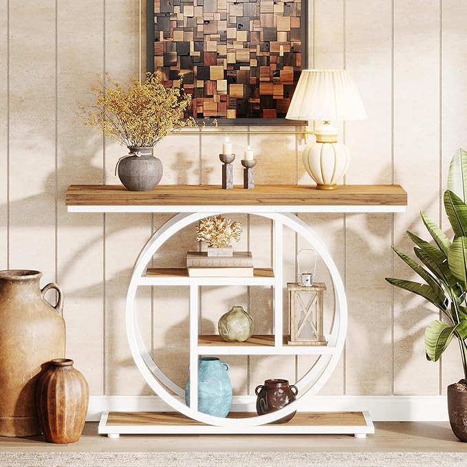 Tribesigns 41.3" Console Table, Industrial 4-Tier Sofa Table Entryway Table with Circle Base, Narrow Wood Accent Tables with Storage Shelves for Living Room, Hallway, Foyer, Brown White