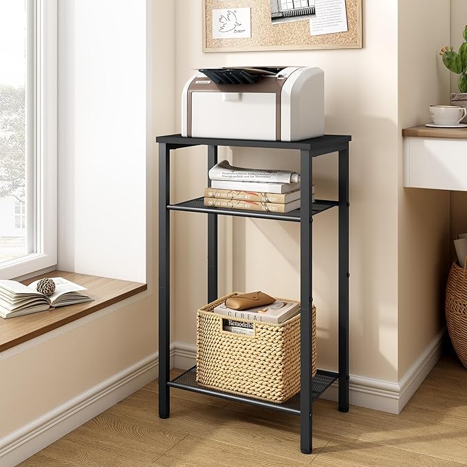 Hoctieon 2-Set 3 Tier End Table, Telephone Table Set of 2, Tall Side Table with Storage Set of 2, Small Nightstand for Small Spaces, Metal Frame, for Living Room, Bedroom, Sofa Couch, Black