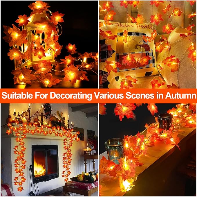 TURNMEON 2 Pack Thanksgiving Decorations Enlarged Maples Leafed Lights Total 20Ft 40LED Fall Decorations for Home, Battery Operated Autumn Garland Waterproof Indoor Outdoor Holiday Thanksgiving Decor