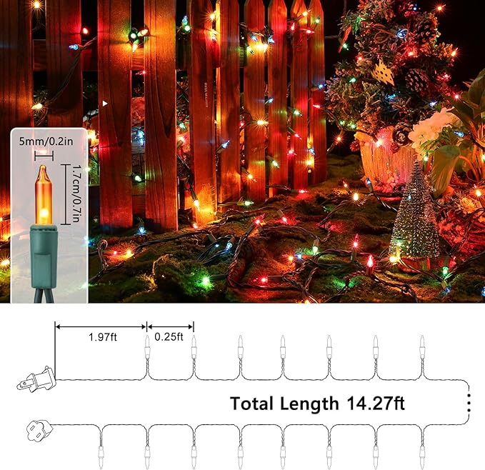 Toodour Multicolor Christmas Lights, 12.5ft 50 Count Incandescent Christmas String Lights, UL Certified Connectable Green Wire Xmas Lights for Tree, Holiday, Party, New Year, Indoor Xmas Decorations