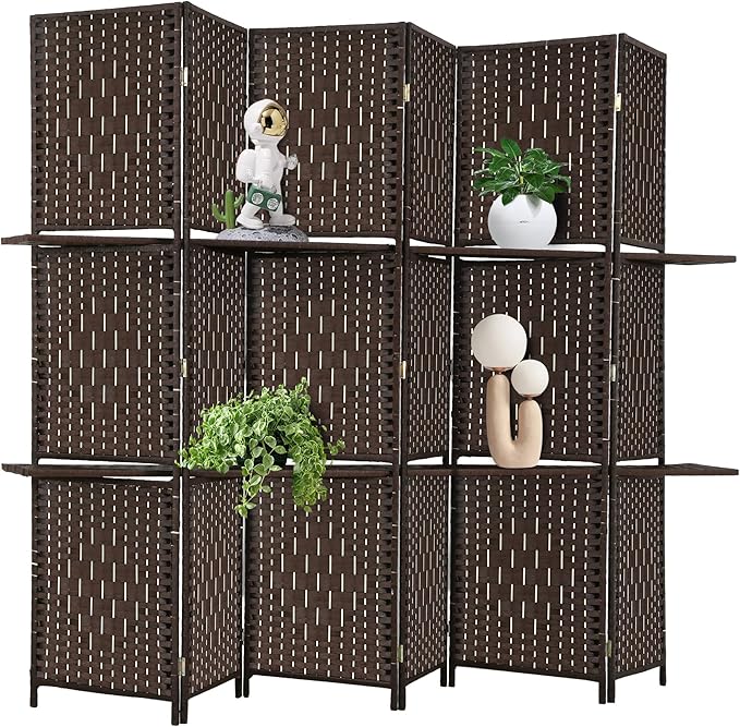 Room Divider 6 Panel Room Screen Divider Folding Portable partition Screen Wood with Removable Storage Shelves, Dark Brown
