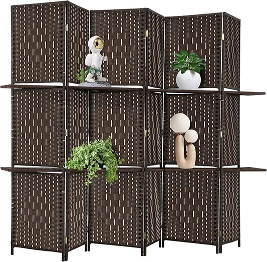 Room Divider 6 Panel Room Screen Divider Folding Portable partition Screen Wood with Removable Storage Shelves, Dark Brown