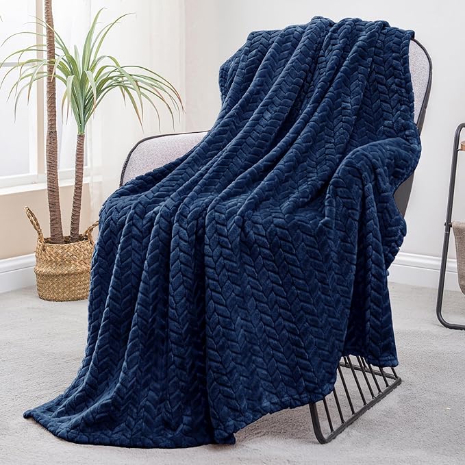 Exclusivo Mezcla Fleece Throw Blanket for Couch, 50x70 Inches Soft Cozy Jacquard Flannel Blankets, Lightweight Fuzzy Plush Warm Throws for Winter, Navy Blue