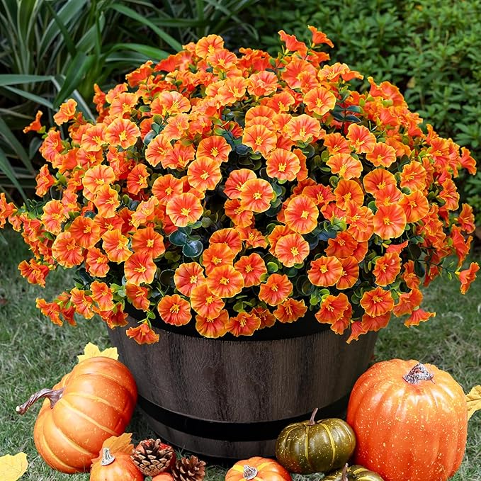 Artificial Faux Flowers for Outdoor 16 Bundles Boxwood Fake Morning Glory for Planter,UV Resistant Fake Flowers for Home Porch Patio Outside（Orange）