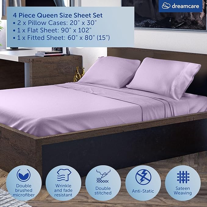 DREAMCARE Queen Size Sheets - Cooling Bed Sheets - 4pcs Set - up to 15" Deep Pocket Queen Sheet Set - Sheets Queen Size Bed - Soft & Long Lasting 100% Fine Microfiber with Side Pocket - Lavender
