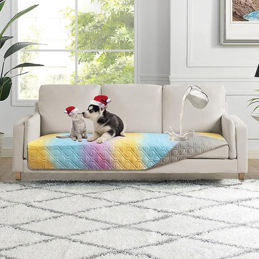 100% Waterproof Dog Bed Cover 30x70 inch Reversible Changing Pad Reusable Camping Mat for Kids/Pet/Dog/Cat Washable Geometric Embroidery Blanket Patchwork Rainbow Ombre Printed+Gray