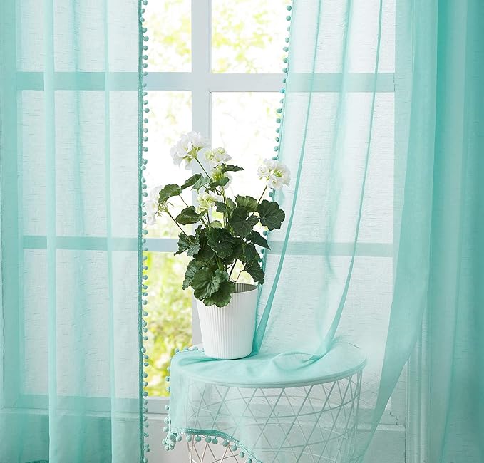 Treatmentex Pompom Sheer Curtains for Kids-Room 72" Aqua-Blue Slub Textured Window Sheer Panels for Bedroom Living Room 52" Wide, 2 Panels Rod Pocket