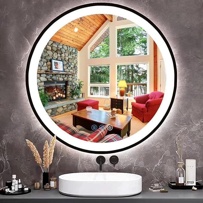 Black Frame Round Lighted Vanity Mirror with Lights Smart Memory 3 Color Dimmable Frontlight Anti-Fog 20 Inch Black Framed Circle Round LED Mirror for Bathroom Wall Makeup