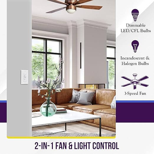 ENERLITES 3 Speed Ceiling Fan Control and LED Dimmer Light Switch, 2.5A Single Pole Light Fan Switch, 300W Incandescent Load, No Neutral Wire Required, 17001-F3-W, White