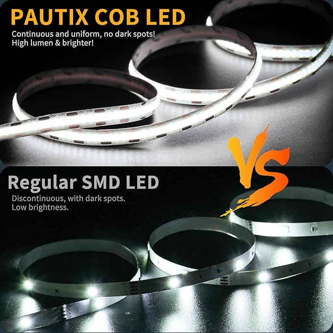 PAUTIX 5V USB LED Strip Light 6.56ft/2m, 640LEDs 1200lm Dimmable COB LED Strip 6000K Daylight White CRI90+ USB Powered Backlight for Sewing Machine,Mirror, Cabinet, Wardrobe, DIY Lighting Project