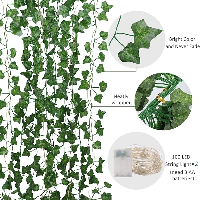 RECUTMS Ivy Fake Vines 24 Pack 173 FT Artificial Vine with 200 LED String Light Leaves Wall Decor Leaf Plants Greenery Garland Hanging Plant for Aesthetic Room Garden Office Wedding Decorations