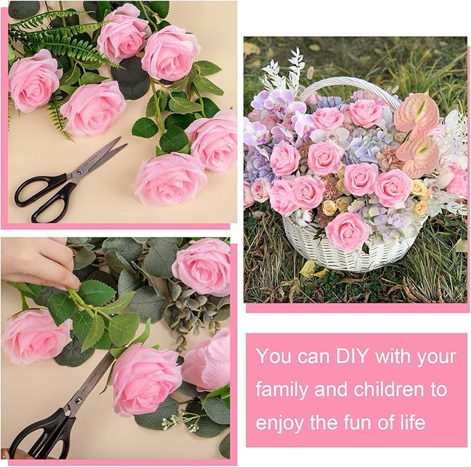 Ouddy Decor 50 Pcs Artificial Pink Roses Bulk Realistic Silk Roses with Long Stems Fake Roses Flowers for Wedding Bridal Bouquet DIY Table Centerpieces Arrangement Valentines Day Home Decor, Pink