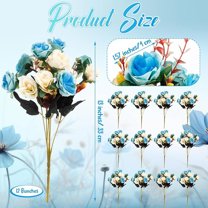 Hotop 12 Bunches of Artificial Flowers Centerpiece 13 Inches Silk Faux Roses Bouquets for Table Decoration Realistic Bouquet Arrangement Boho Faux Flowers for Wedding (Light Blue)