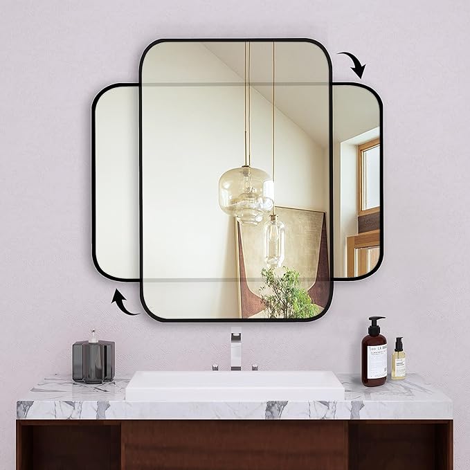 20"x30" Brushed Matte Black Mirror for Wall, Rounded Rectangle Mirror with Metal Frame Hanging for Bathroom Entryway Vanity,Living Room,Bedroom,Vertical or Horizontal