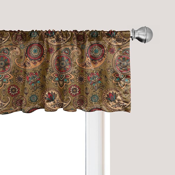 Ambesonne Paisley Window Valance Pack of 2, Vintage Inspired Multicolored Leaf Flower Motif in Earth Tones Print, Rod Pocket Curtain Valances for Kitchen Bedroom, 42" X 12", Army Green