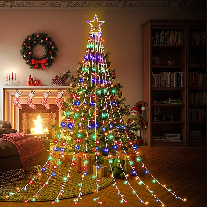 FUNIAO (New) Christmas Lights, Outdoor Christmas Decorations, 320 LED Waterfall String Lights, 8 Light Modes Chrsitmas Lights with 12" Star Tree Topper for Yard, Wedding, Party, New Year (Multicolor)