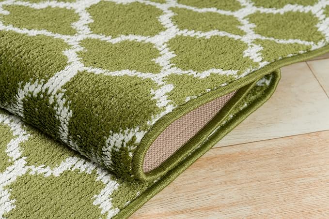 Custom Size Moroccan Trellis Runner Rug Mat for Wide Hallway Entryway Kitchen Laundry Room with Slip Resistant Latex Rubber Backing, Trellis Green, 31 inch X 15 feet