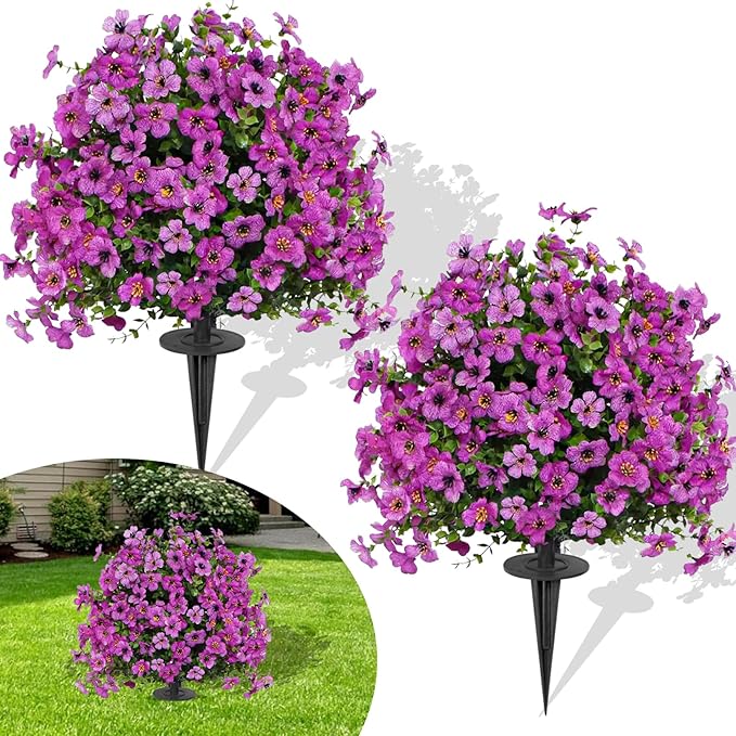 23" Set of 2 Artificial Boxwood Topiary Ball with Violet Flowers with Spikes for Outdoor, UV Resistant Faux Greenery Shrubs, Realistic Fake Bushes Plants for Garden, Yard, Front Porch, Patio Decor