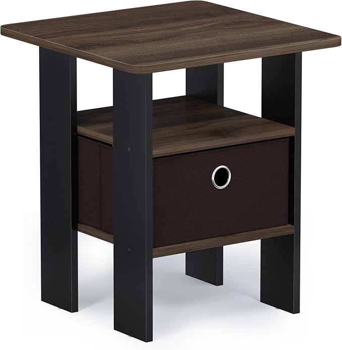 Furinno ANDREY Side Table, End Table, Night Stand with Open Shelves and Storage Bin, Bedside Table, for Living Room, Bedroom, Columbia Walnut