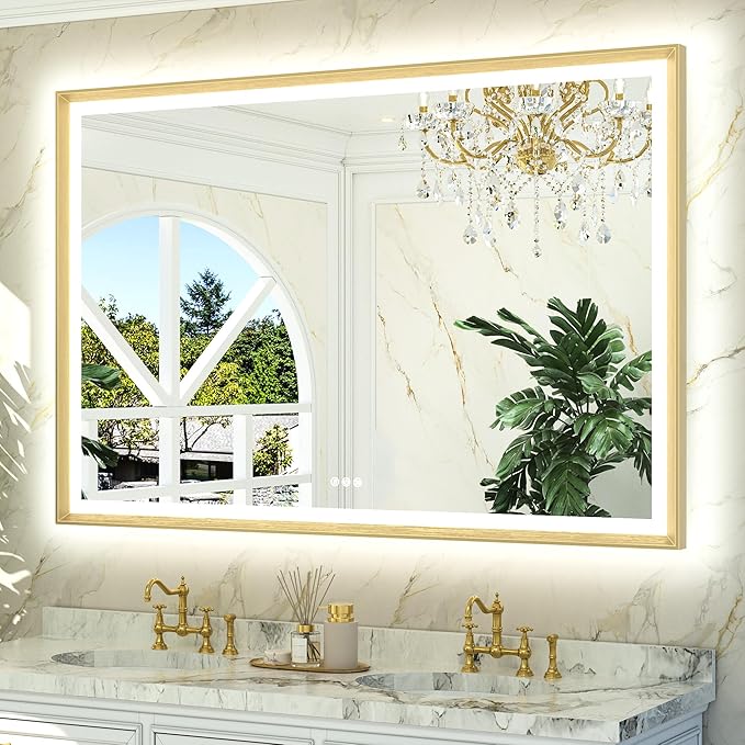 TETOTE 60x40 LED Bathroom Mirror with Lights Gold Frame Frontlit & Backlit Lighted Vanity Mirror Baroque Anti Fog Dimmable White/Warm/Natural,CRI90+,Waterproof,Wall Mounted(Horizontal/Vertical)