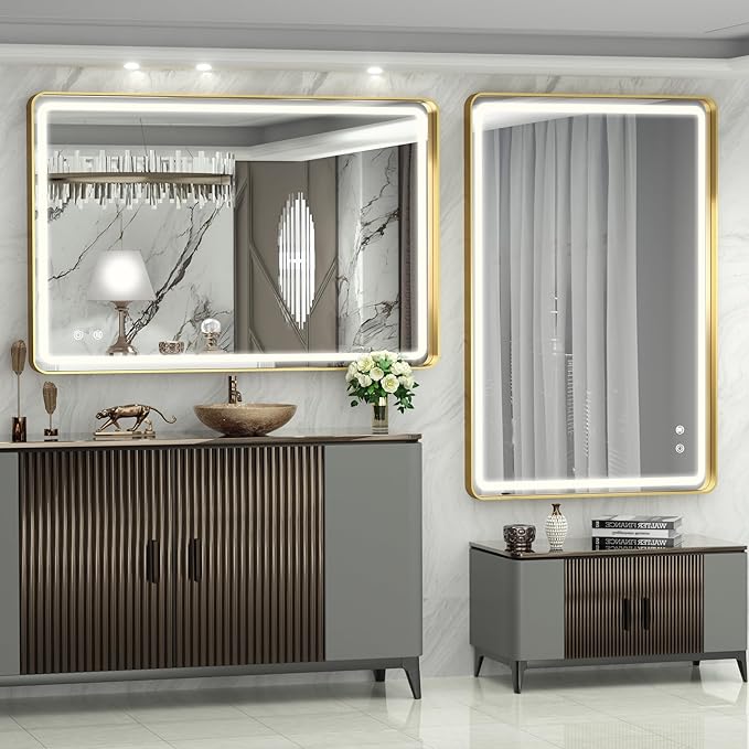 Hasipu 40×30 Inch LED Bathroom Mirror with Lights, Gold Metal Framed Bathroom Lighted Mirror for Vanity Shaving, Rectangle Wall Mounted Mirror, Anti-Fog, Dimmable, 3 Colors (Horizontal/Vertical)