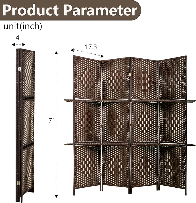 FDW Room Divider 4 Panel Wooden Screen Folding Portable Partition Screens Wood with Removable Storage Shelves Color, Dark Brown