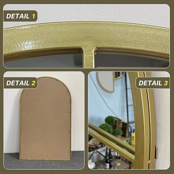 ironsmithn Large Arched Grid Mirror, Gold Windowpane Mirror, 43.3"x25.5" Window Finished Metal Mirrors for Decor Living Room Fireplace Entryway Bedroom Hallway