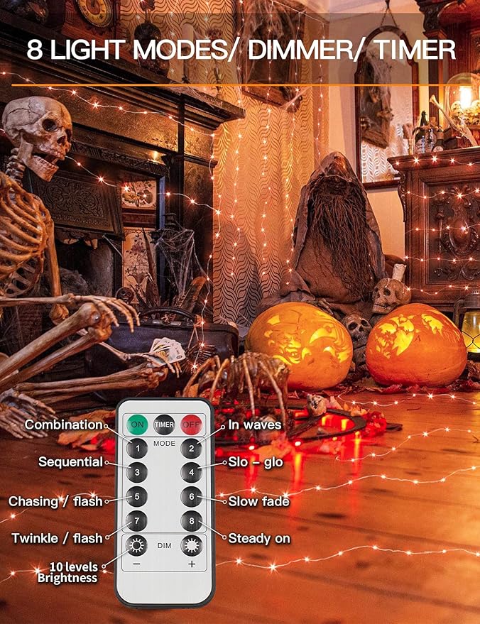 suddus Halloween Lights Battery Operated, 33ft 100 LED Orange String Lights for Outside Decorations Waterproof, Fairy Lights with Timer and Remote for Party, Yard, Outdoor, Tree, Wedding, Rroom Decor