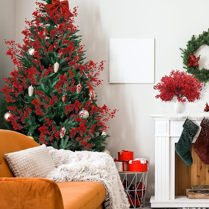 Lyrow 24 Pcs Red Babys Breath Artificial Christmas Picks Decoration Xmas Fake Flowers Stems Gypsophila Bushes Floral Arrangement Bulk for Home Indoor Table Decor(Red)