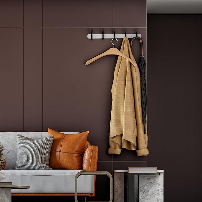White and Black Coat Rack Wall Mounted - 16 Inch Heavy Duty Stainless Steel Matte Finish Wall Hook Rack - 5 Double Coat Hooks for Hanging Towels, Bags, Hat - Bathroom Entryway - 2 Pack