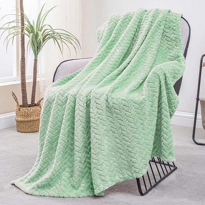 Exclusivo Mezcla Fleece Throw Blanket for Couch, 50x70 Inches Soft Cozy Jacquard Flannel Blankets, Lightweight Fuzzy Plush Warm Throws for Winter, Light Green