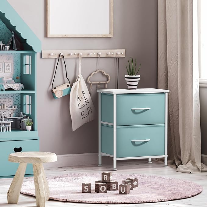 Sorbus Nightstand with 2 Drawers - Kids Bedside Furniture End Table Night Stand - Steel Frame, Wood Top & Easy Pull Fabric Bins - Dresser & Chest for Home, Bedroom Accessories, Office & College Dorm