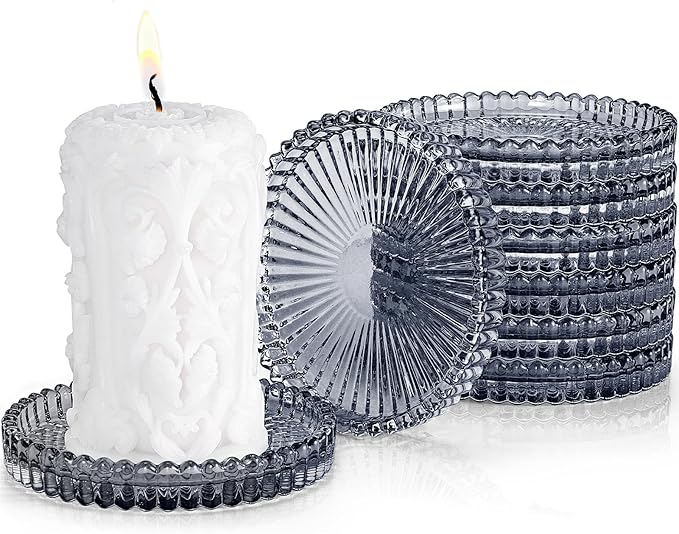 Glass Candle Holders, GOH DODD Set of 8 Crystal Pillar Plates Modern Coasters for Drinks, Centerpiece, Home Decor, Kitchen, Living Room, Patio, Wedding, Halloween, Christmas, Party, Clear Black