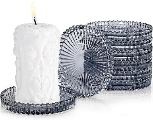 Glass Candle Holders, GOH DODD Set of 8 Crystal Pillar Plates Modern Coasters for Drinks, Centerpiece, Home Decor, Kitchen, Living Room, Patio, Wedding, Halloween, Christmas, Party, Clear Black