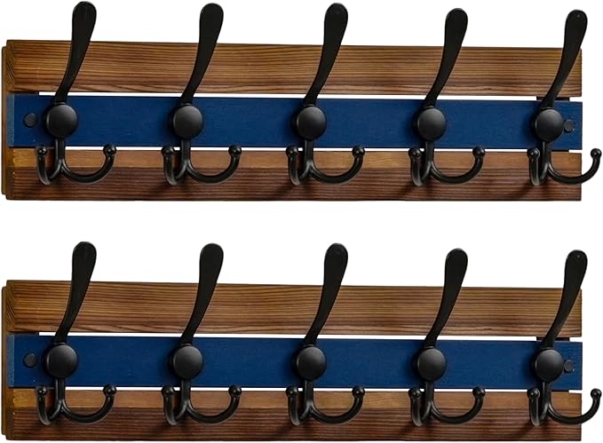 SKOLOO Rustic Wall Mounted Coat Rack - 17" Long Coat Hooks for Wall with 5 Triple Hooks for Hanging Coats, Hats or Tools, Western National Parks Collection, Wood Brown & Blue, Pack of 2