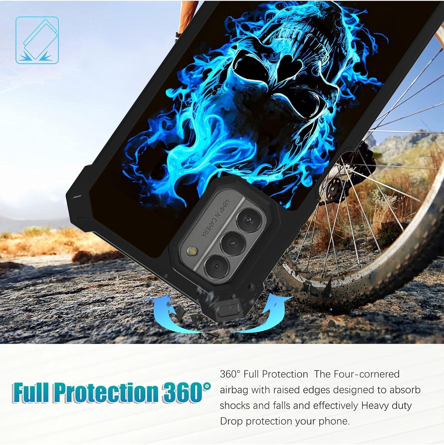 Nokia G310 Case with Glass Screen Protector, 360 Full-Body Shockproof Hard PC & Soft TPU Bumper - Blue Skull 5G 2023.
